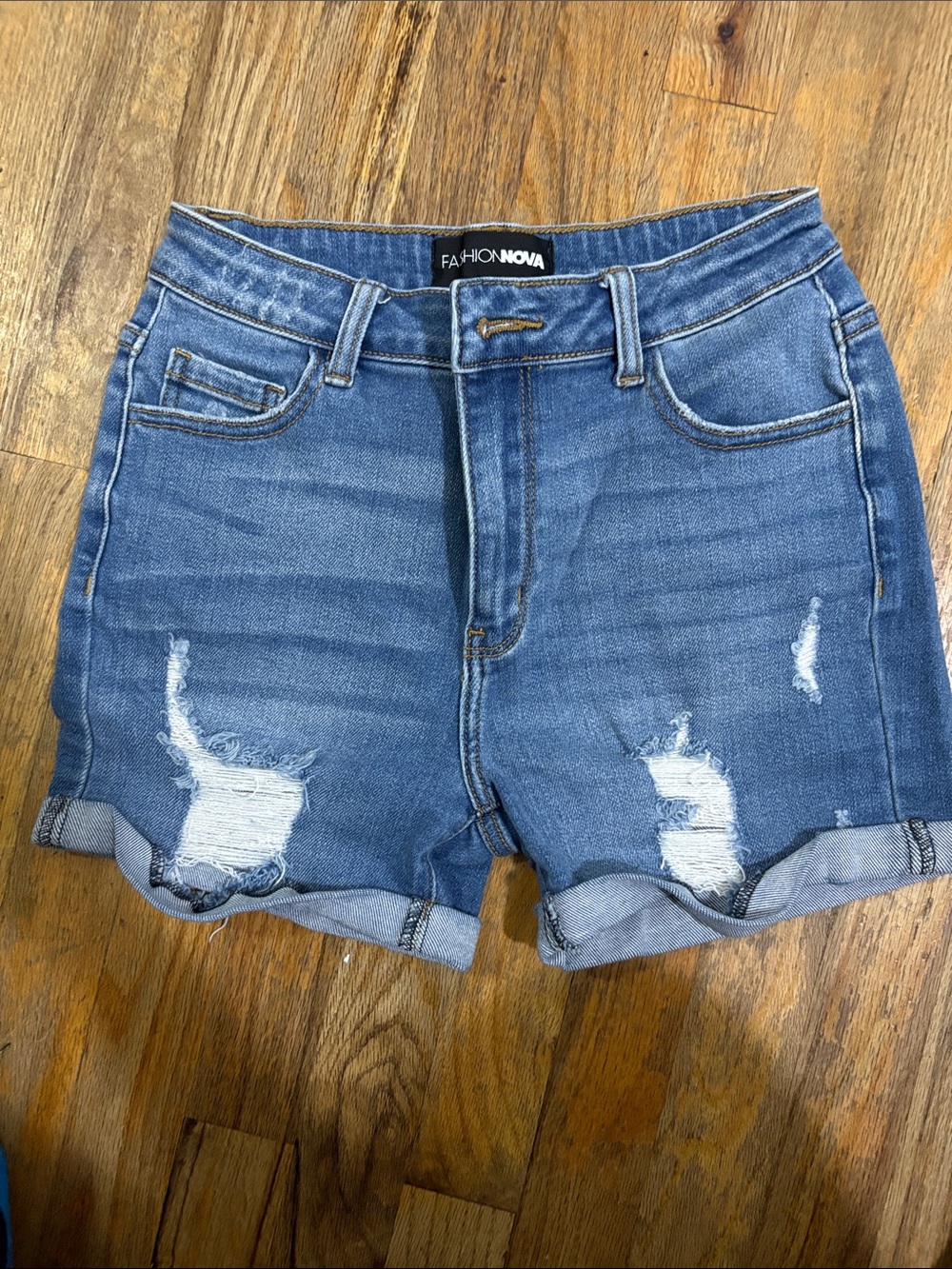 Fashion Nova Medium Blue Distressed Rolled Hem Denim Shorts